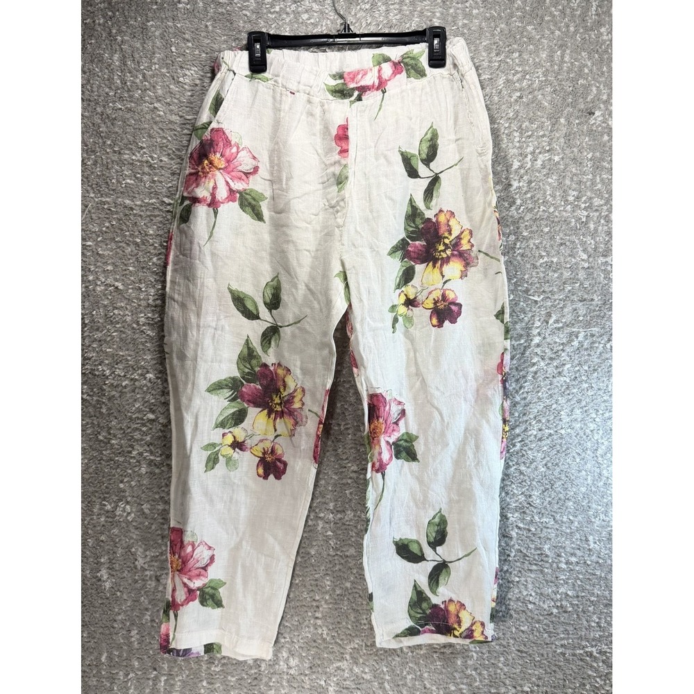 Bella Amore Made In Italy Crop Linen Floral L Pants Beach Lagenlook Coastal Art